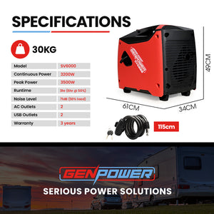 GENPOWER Inverter Generator 3.5kW Max | 3.2kW Rated | Petrol | Pure Sine Wave | Portable Camping | Red