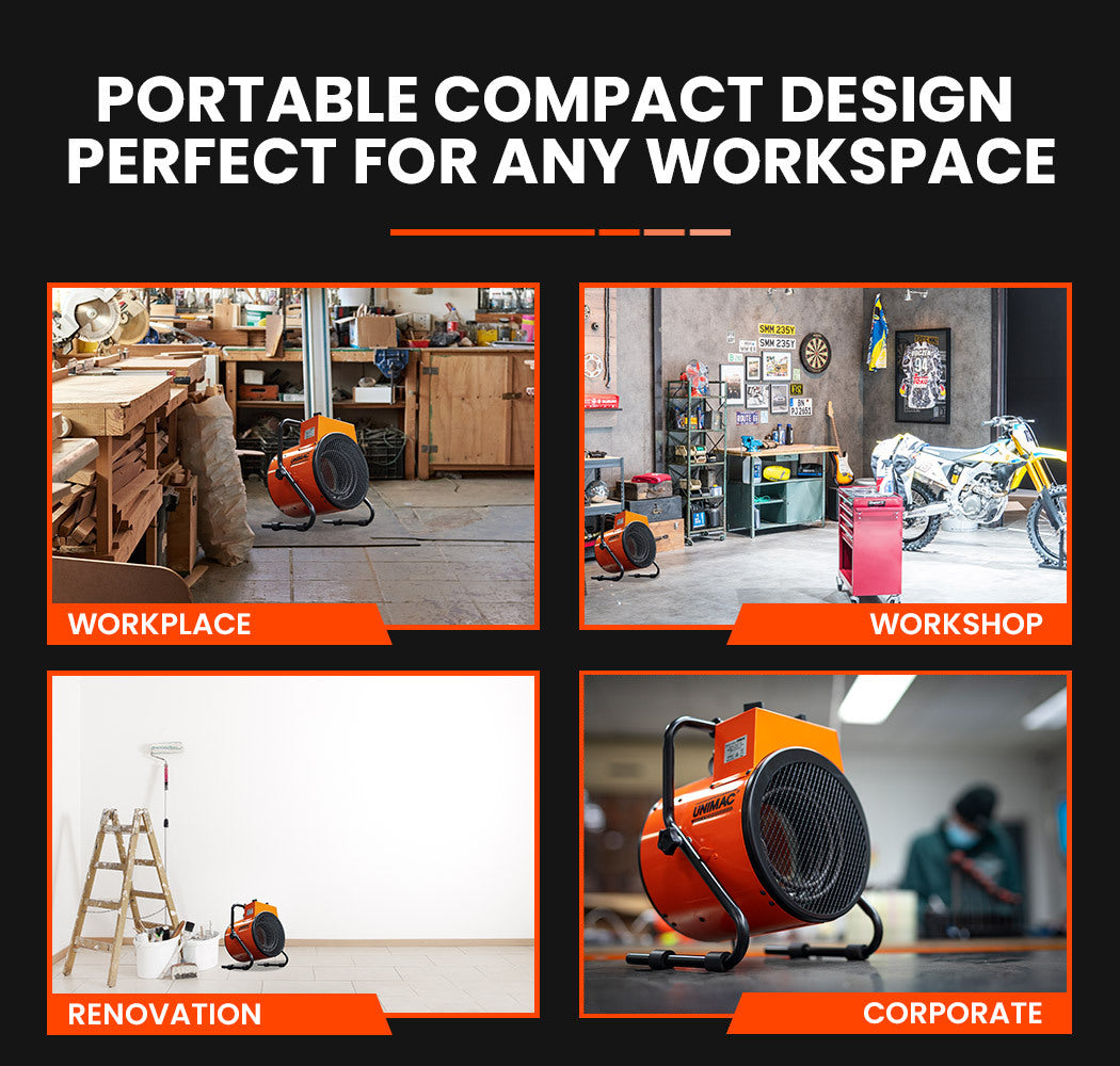 UNIMAC 2400W Electric Space Heater - Portable Small Fan Workshop Warehouse Blow Industrial Heating