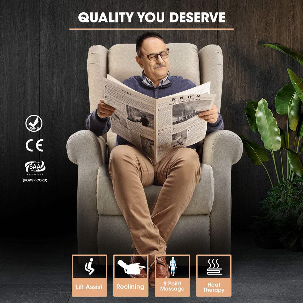 FORTIA Electric Recliner Lift Heat Chair for Elderly | Massage | Heat Therapy | Aged Care (Beige)