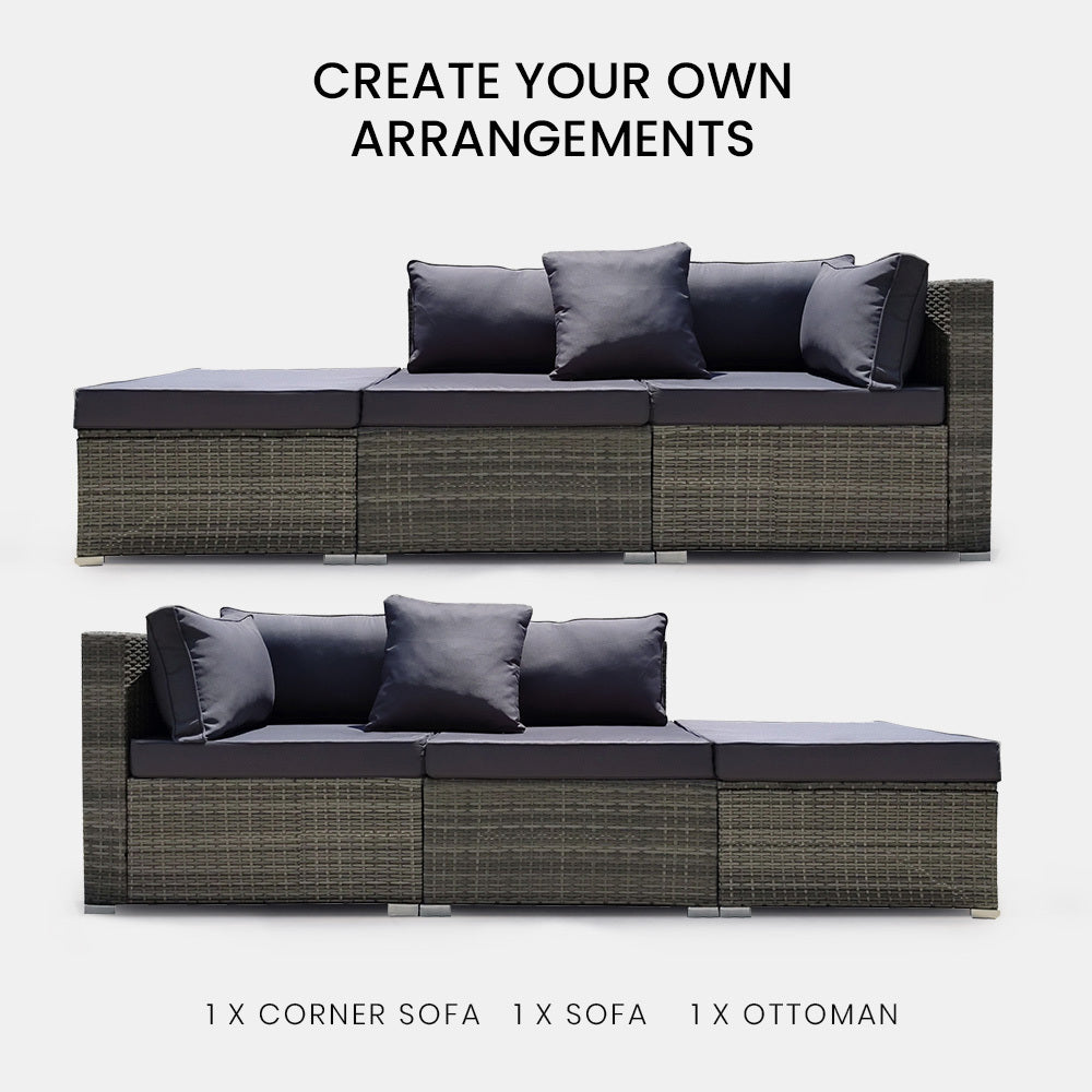 LONDON RATTAN 3 Seater Modular Outdoor Lounge Setting - incl. Ottoman in Grey