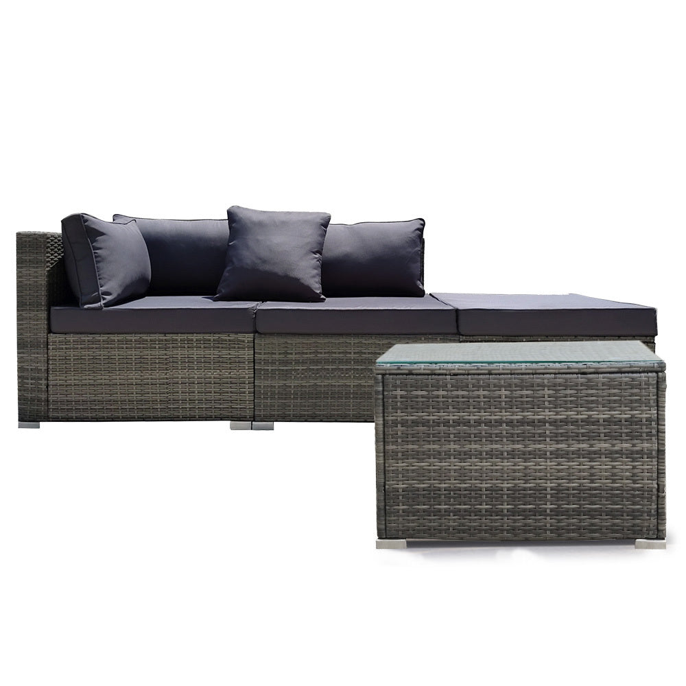 LONDON RATTAN 4 Piece 3 Seater Modular Outdoor Lounge Setting - incl. Coffee Table, Ottoman in Grey