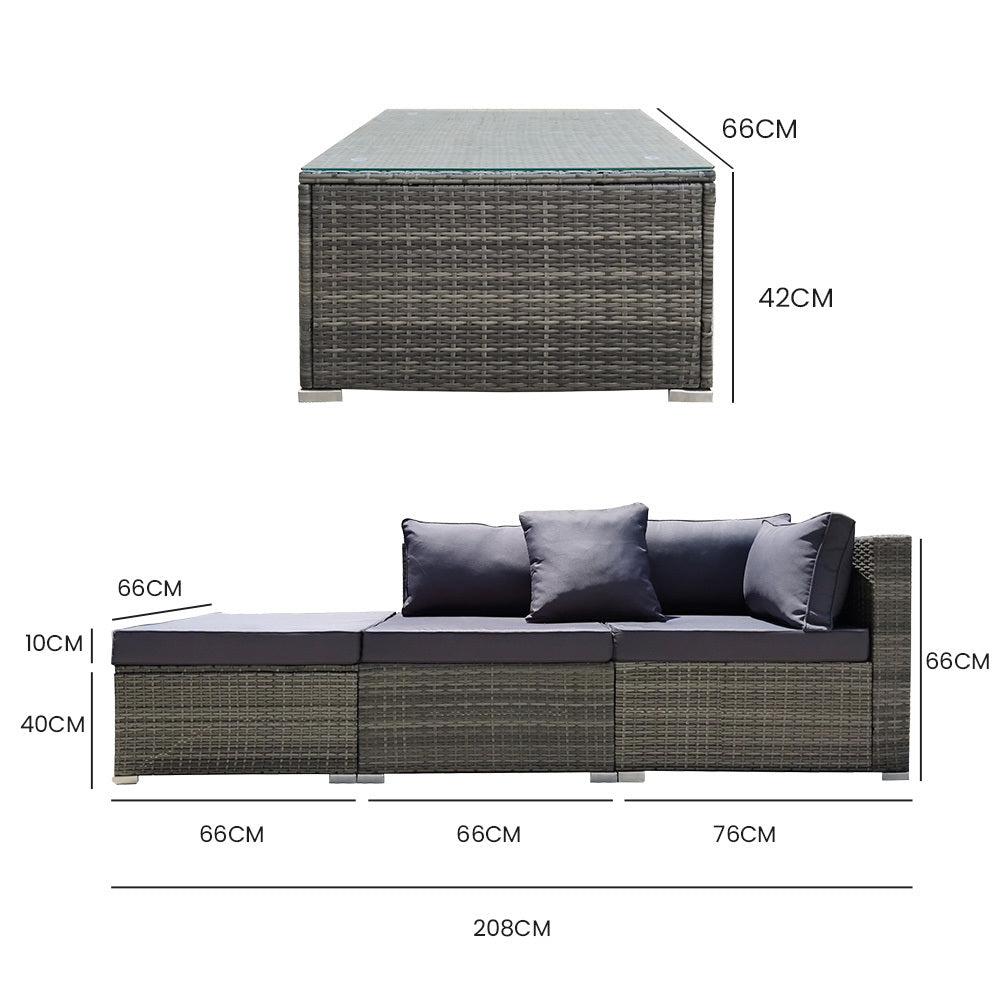 LONDON RATTAN 4 Piece 3 Seater Modular Outdoor Lounge Setting - incl. Coffee Table, Ottoman in Grey