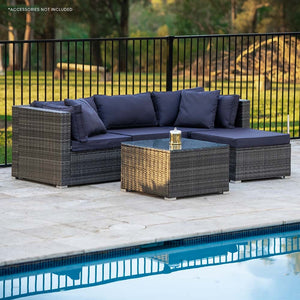 LONDON RATTAN 4 Seater Modular Outdoor Lounge Setting | Grey with Coffee Table and Ottoman