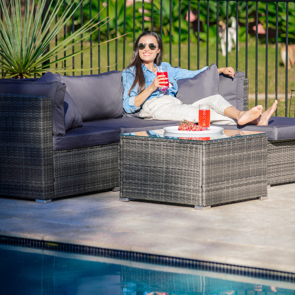 LONDON RATTAN 4 Seater Modular Outdoor Lounge Setting | Grey with Coffee Table and Ottoman