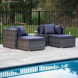 LONDON RATTAN 4 Seater Modular Outdoor Lounge Setting - incl. Coffee Table, Ottomans in Grey