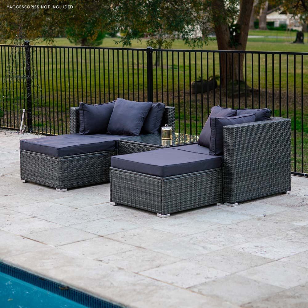 LONDON RATTAN 4 Seater Modular Outdoor Lounge Setting - incl. Coffee Table, Ottomans in Grey