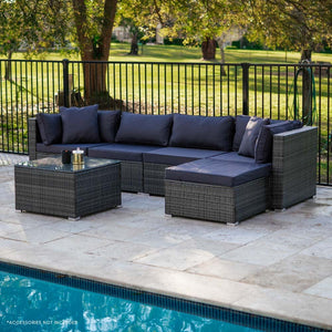 LONDON RATTAN 5 Seater Modular Outdoor Lounge Setting | Grey with Coffee Table and Ottoman