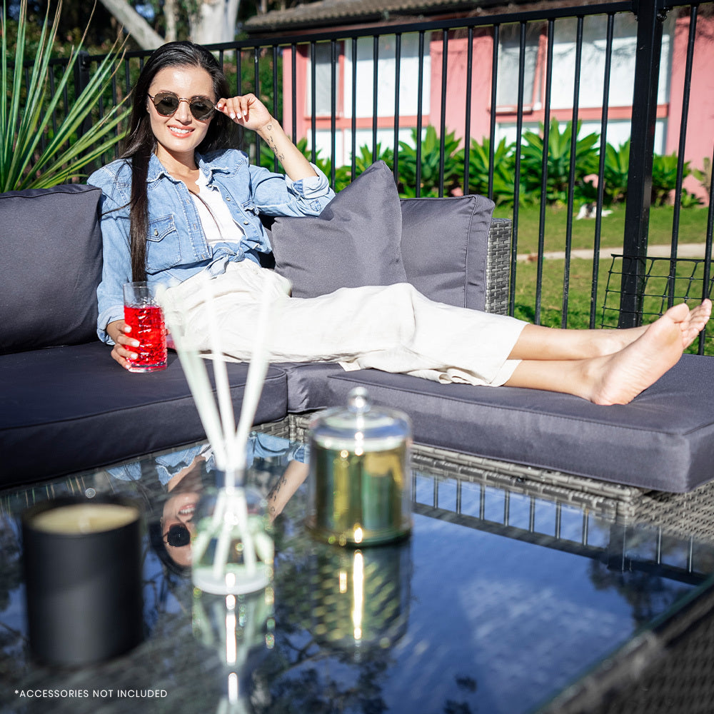 LONDON RATTAN 5 Seater Modular Outdoor Lounge Setting | Grey with Coffee Table and Ottoman