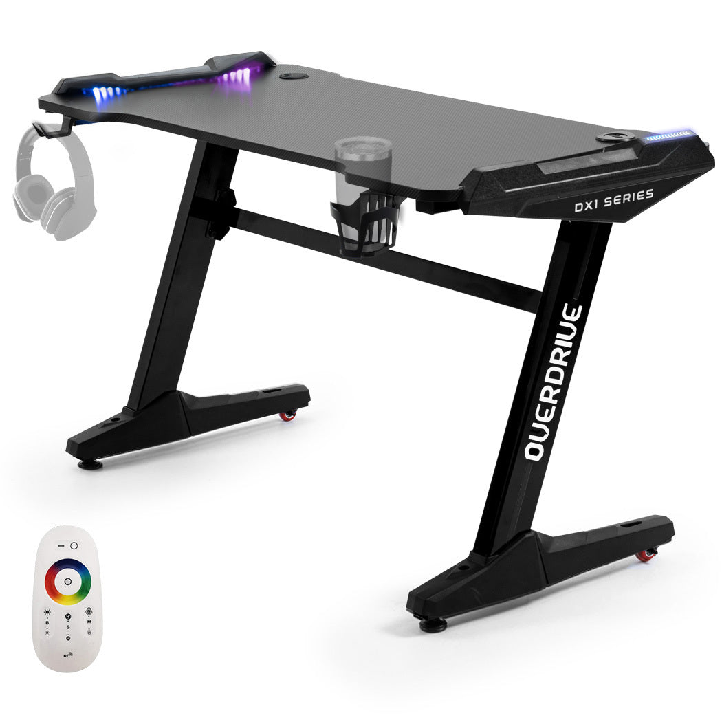OVERDRIVE Gaming Desk | 120x60cm, Carbon Fiber Styling, LED Lights - Black