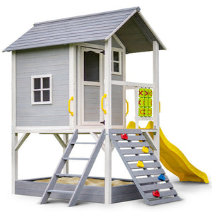 Wooden Tower Cubby House with Slide, Sandpit, Climbing Wall, Noughts & Crosses | ROVO KIDS Brand