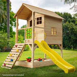 Wooden Tower Cubby House with Slide, Sandpit, Climbing Wall, Noughts & Crosses | Natural Color | ROVO KIDS Brand