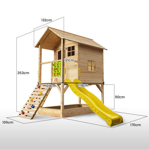 Wooden Tower Cubby House with Slide, Sandpit, Climbing Wall, Noughts & Crosses | Natural Color | ROVO KIDS Brand