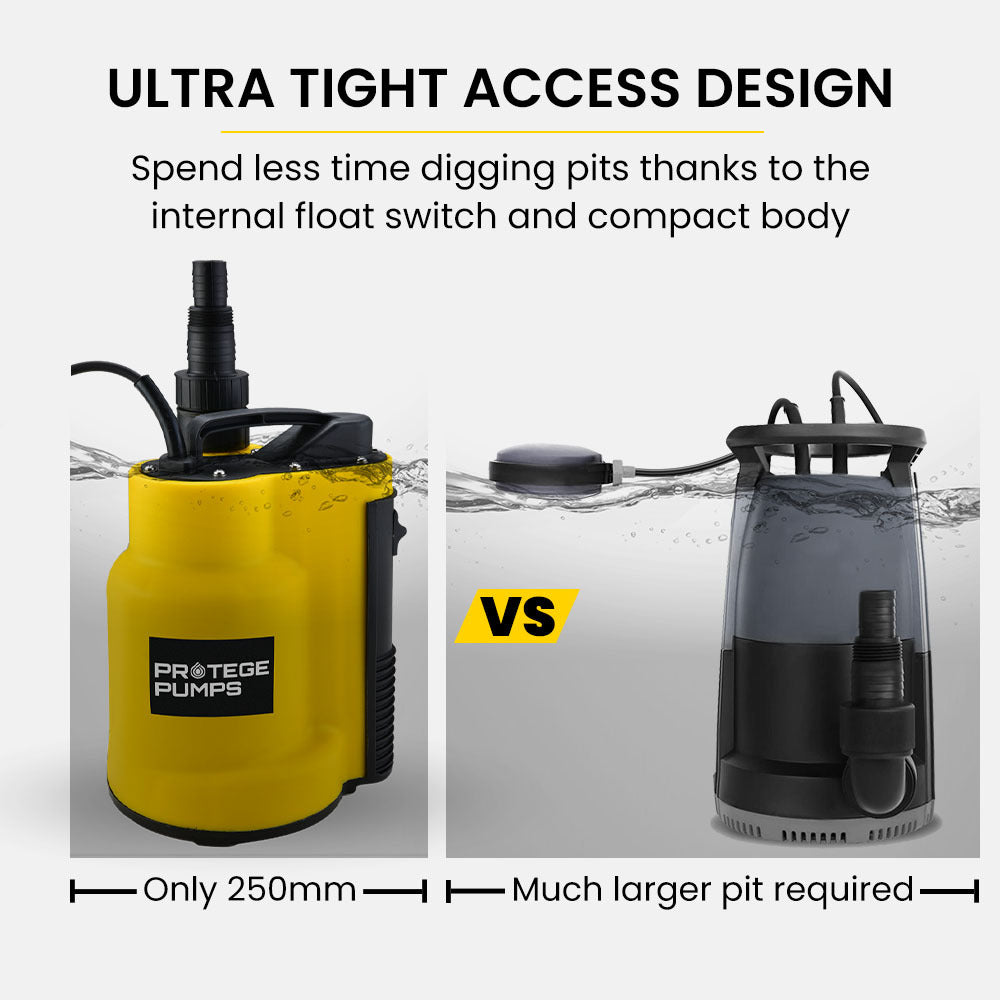 PROTEGE Tight Access Clean/Grey Water Submersible Sump Pump | Integrated Float Switch