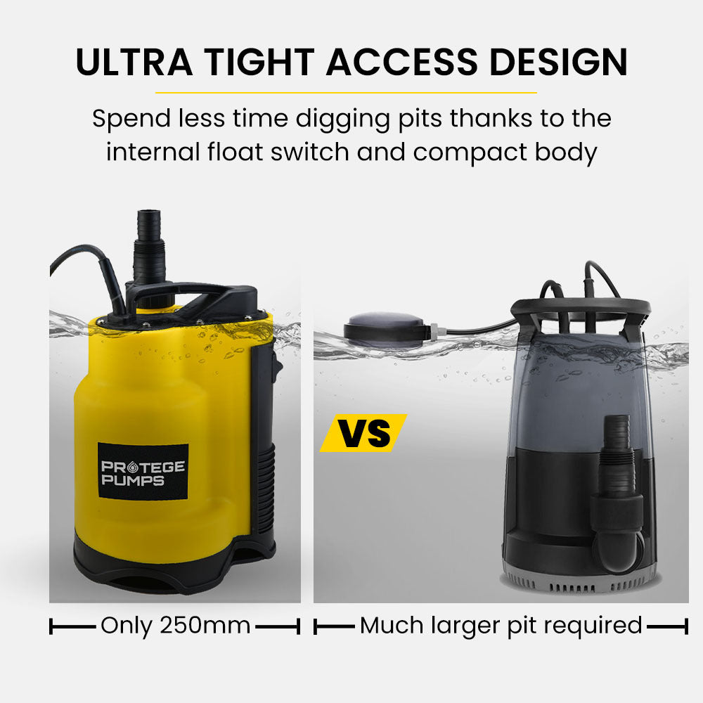 PROTEGE Tight Access Dirty Water Submersible Sump Pump | Integrated Float Switch