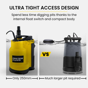 PROTEGE Tight Access Dirty Water Submersible Sump Pump | Integrated Float Switch