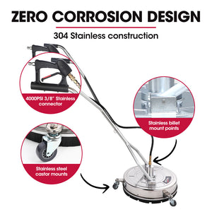 18" Stainless Steel Pressure Washer Surface Cleaner with Yoke Handlebar, 3/8" Fitting | For Concrete Driveway, Patio Floor
