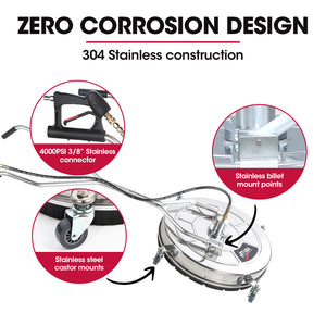 24" Stainless Steel Pressure Washer Surface Cleaner, 3/8" Fitting, with Yoke Handlebar | For Concrete Driveway, Patio Floor