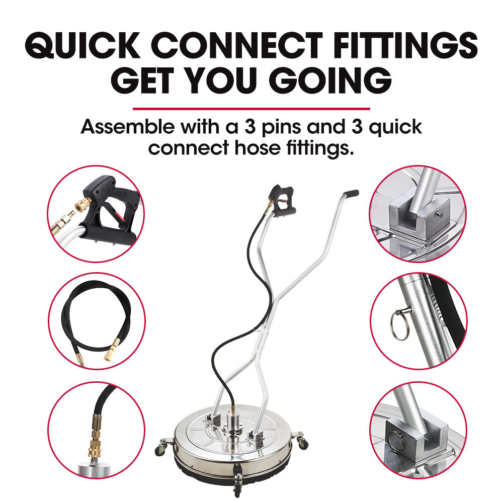 24" Stainless Steel Pressure Washer Surface Cleaner, 3/8" Fitting, with Yoke Handlebar | For Concrete Driveway, Patio Floor