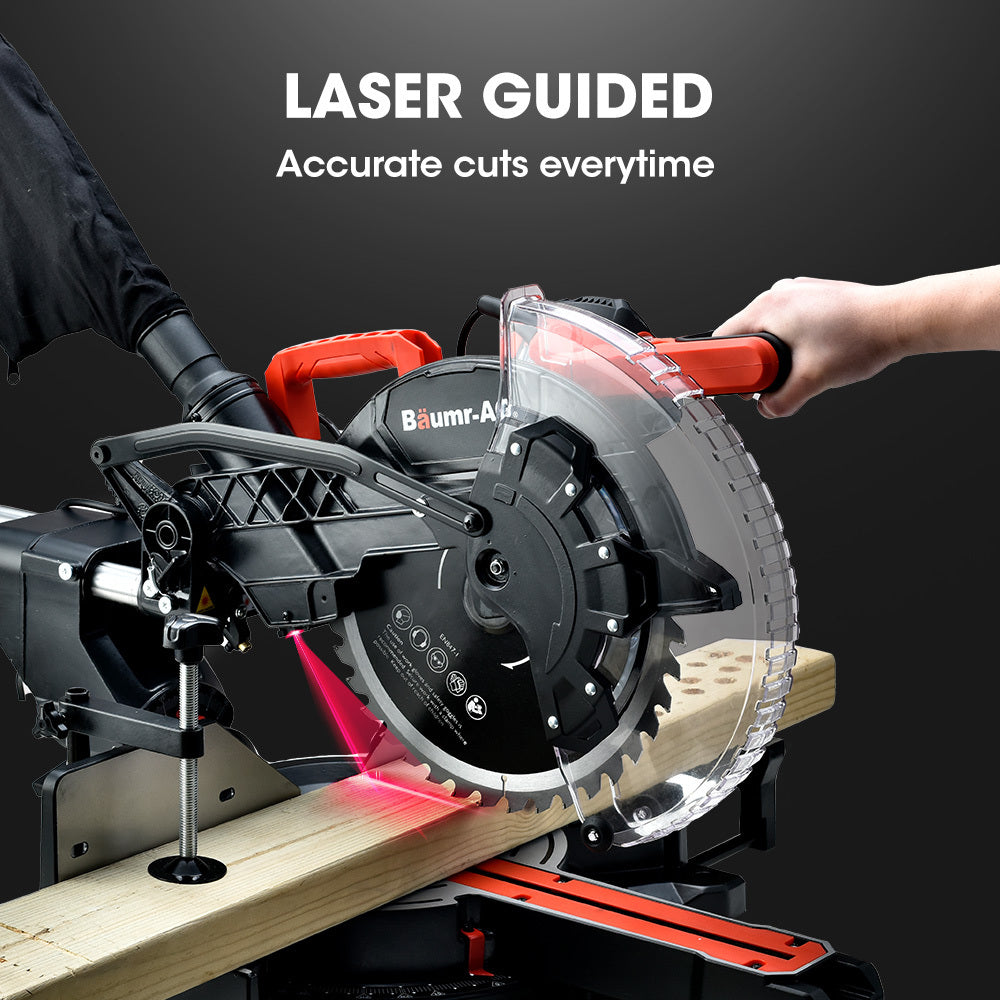 305mm Dual Bevel Sliding Compound Mitre Drop Saw and Adjustable Stand Combo | Brand: BAUMR-AG