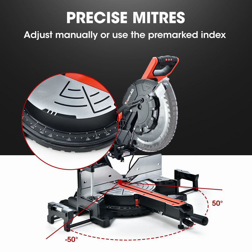 305mm Dual Bevel Sliding Compound Mitre Drop Saw and Adjustable Stand Combo | Brand: BAUMR-AG