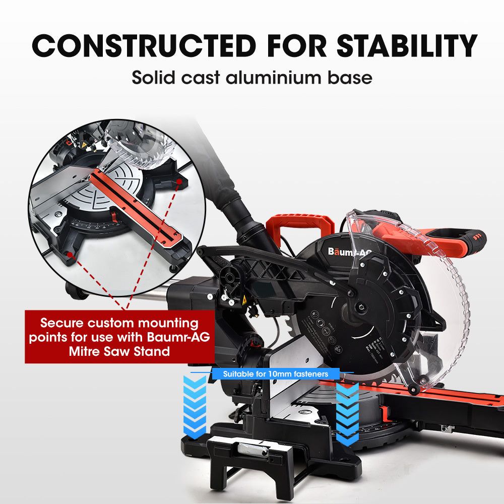 305mm Dual Bevel Sliding Compound Mitre Drop Saw and Adjustable Stand Combo | Brand: BAUMR-AG