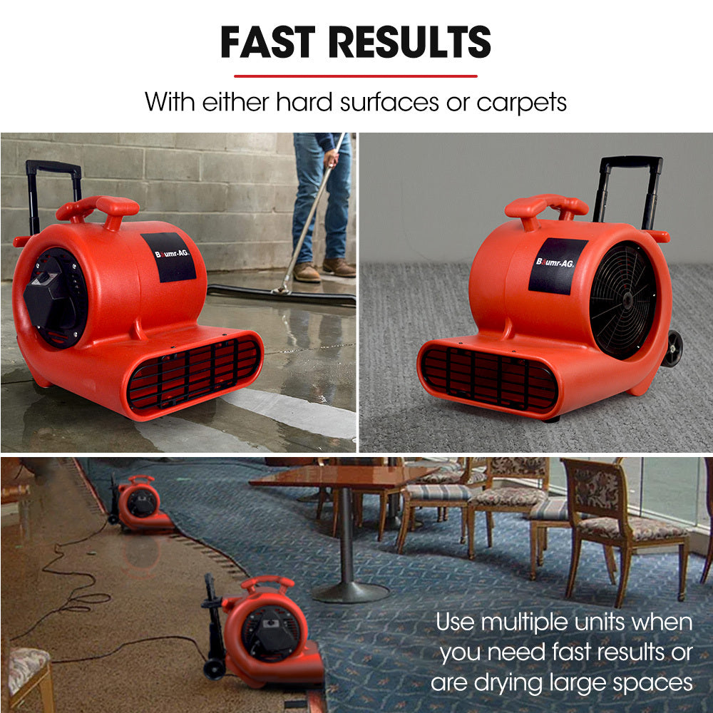 3-Speed Carpet Dryer Air Mover Blower Fan | 1400CFM, Sealed Copper Motor, Poly Housing - Telescopic Handle and Wheels