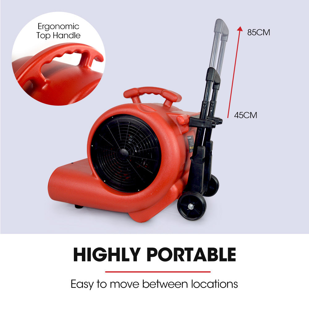 3-Speed Carpet Dryer Air Mover Blower Fan | 1400CFM, Sealed Copper Motor, Poly Housing - Telescopic Handle and Wheels