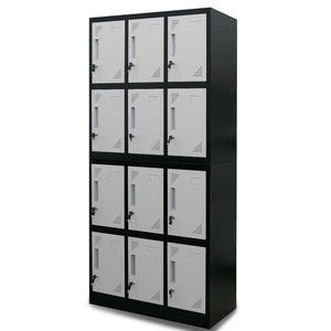 FORTIA 12-Door Metal Storage Locker Cabinet | Gym & Office Lockers, Black & Light Grey