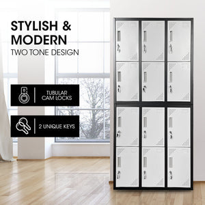 FORTIA 12-Door Metal Storage Locker Cabinet | Gym & Office Lockers, Black & Light Grey