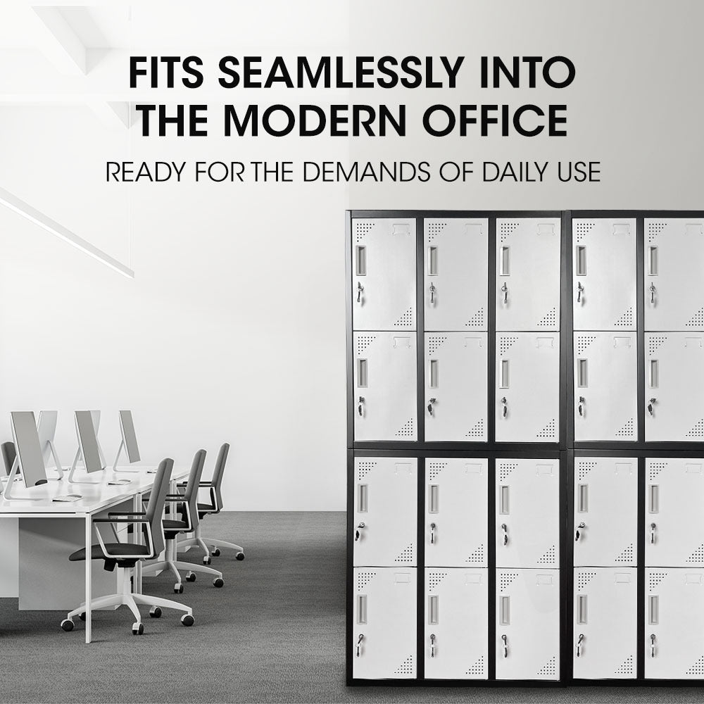 FORTIA 12-Door Metal Storage Locker Cabinet | Gym & Office Lockers, Black & Light Grey