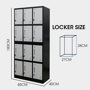 FORTIA 12-Door Metal Storage Locker Cabinet | Gym & Office Lockers, Black & Light Grey