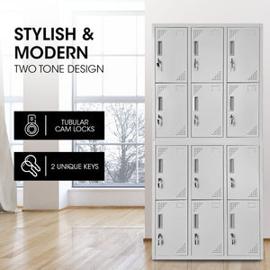 FORTIA 12-Door Locker Cabinet | Metal Storage for Gym, Home, Office, School - Light Grey