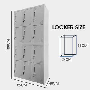 FORTIA 12-Door Locker Cabinet | Metal Storage for Gym, Home, Office, School - Light Grey