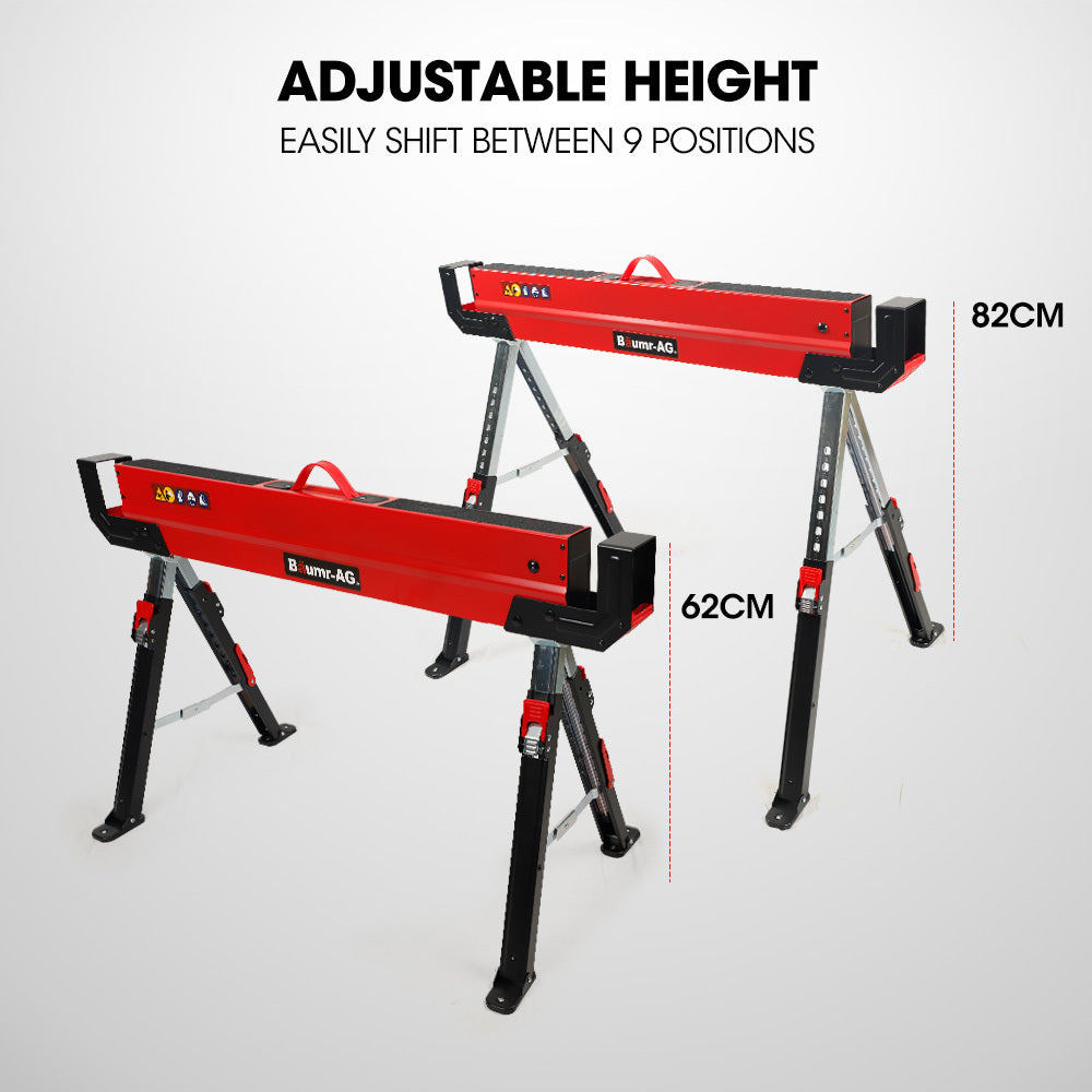 BAUMR-AG 2 x Steel Saw Horse | Folding Height Adjustable Sawhorse | 1180kg Capacity | 2x4 Support Arms