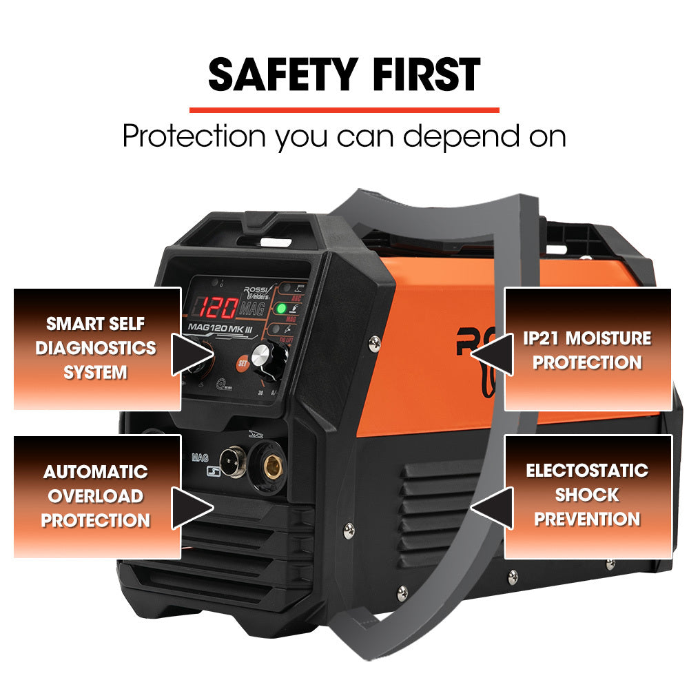 Portable Inverter MMA MAG Gasless Lift-Arc Welder | Power: 120 Amp | Brand: ROSSI