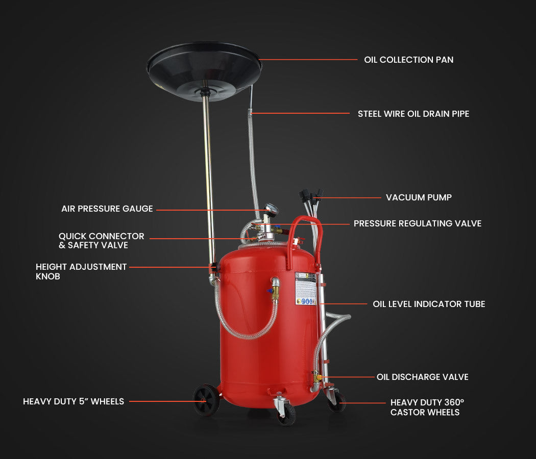 80L Mobile Waste Oil Drainer Tank with Telescopic Pneumatic Extractor Probes for Workshop