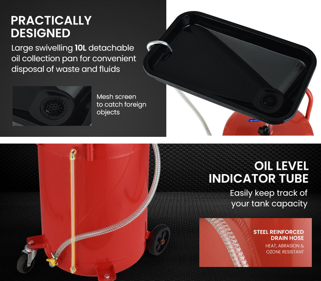 80L Mobile Waste Oil Drainer with Telescopic Design and Air Compressor Fitting for Workshop