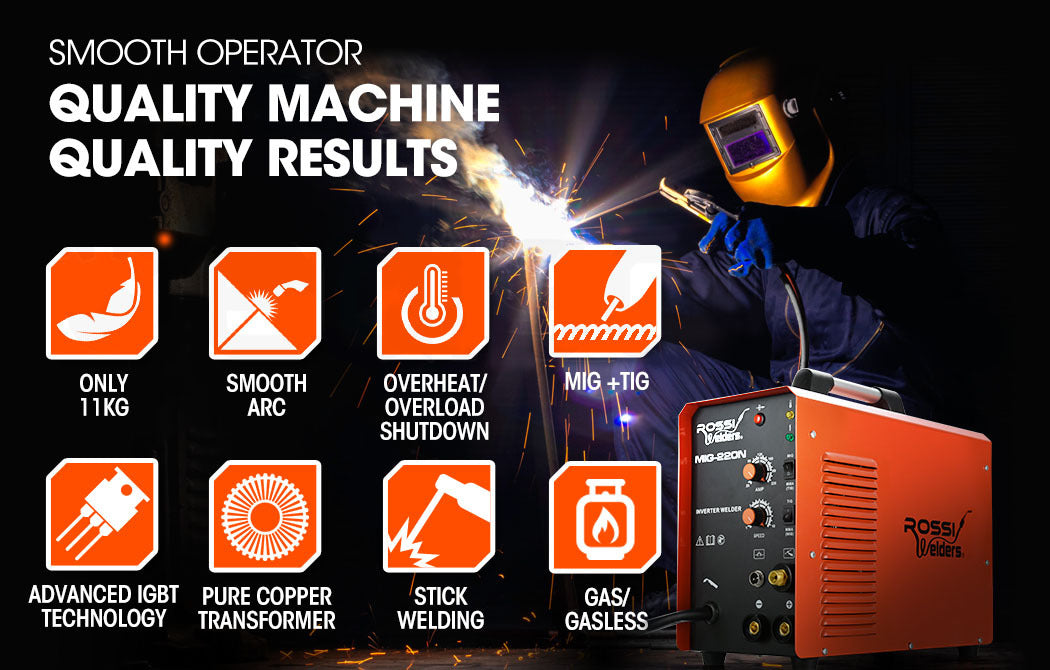 220A MIG Welder Inverter TIG Gasless Portable Welding Machine MMA ARC | Plug Type: 15A | Brand: ROSSI