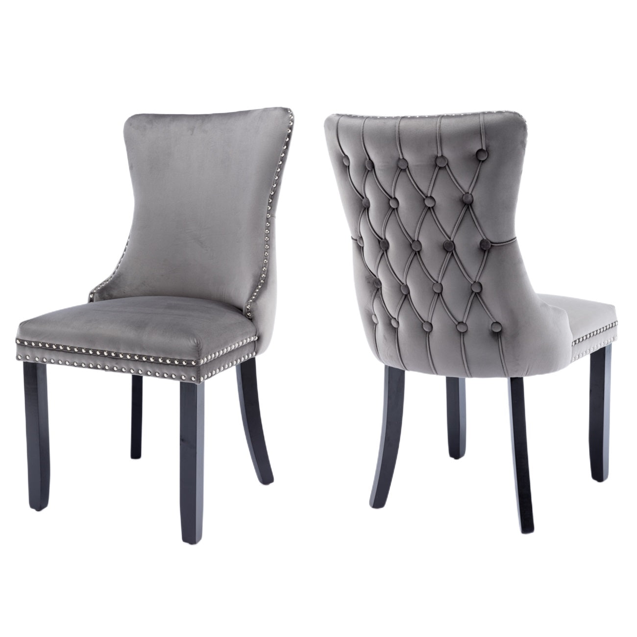 Set of 2 Velvet Upholstered Dining Chairs | Tufted Wingback Side Chair with Studs Trim | Solid Wood Legs for Kitchen