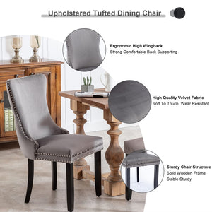 Set of 2 Velvet Upholstered Dining Chairs | Tufted Wingback Side Chair with Studs Trim | Solid Wood Legs for Kitchen