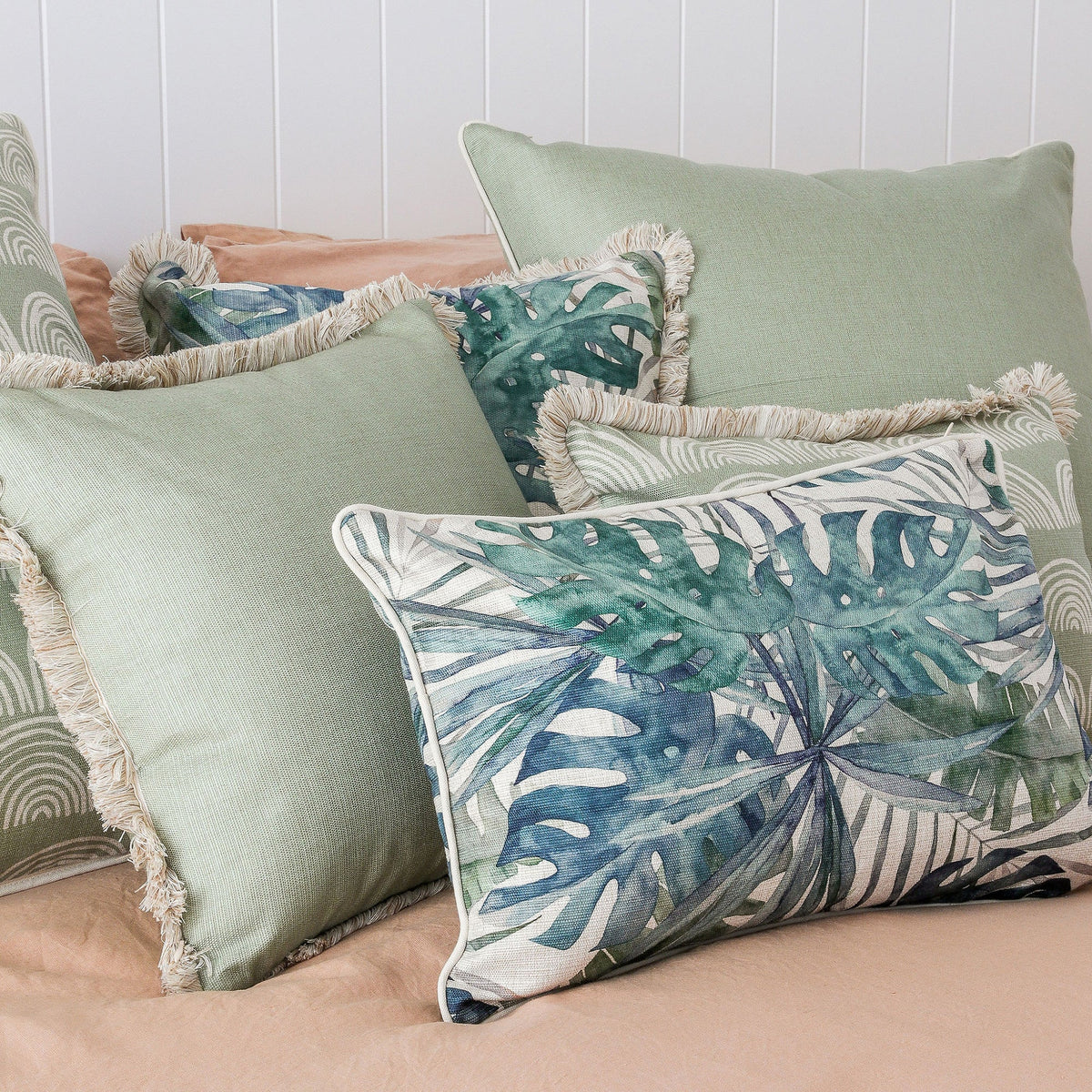 Cushion Cover-Coastal Fringe-Rainbows-Sage-35cm x 50cm