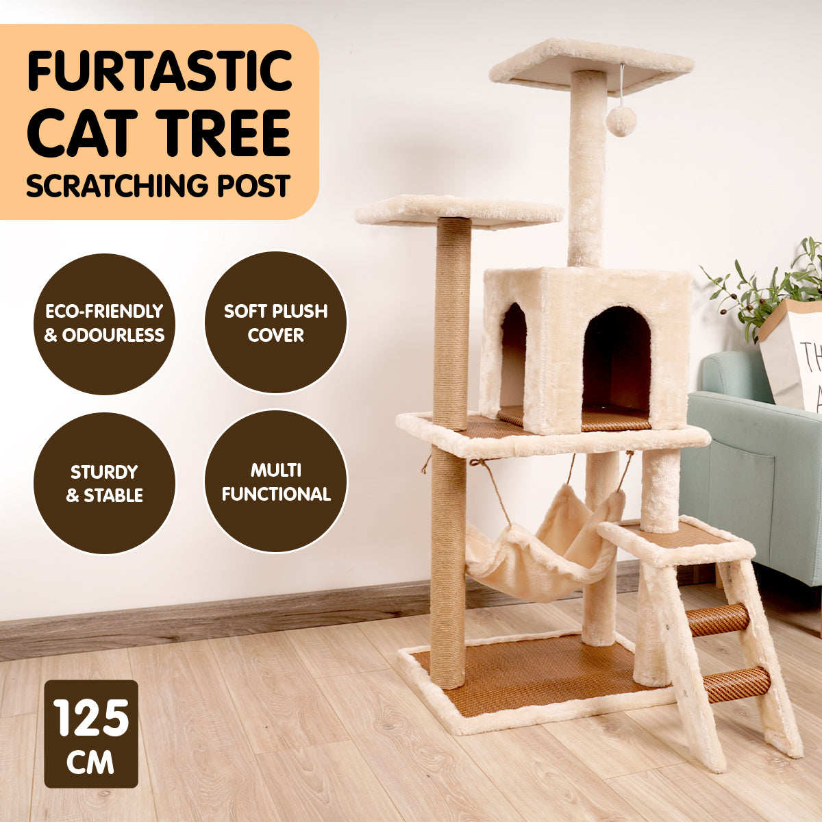 Furtastic 125cm Cat Tree Scratching Post | Stylish Beige Design