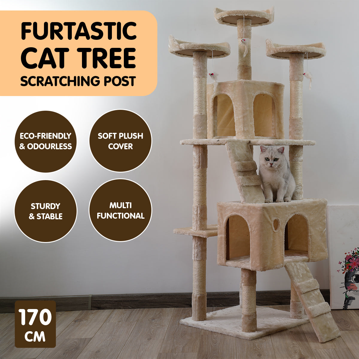 Furtastic 170cm Cat Tree Scratching Post | Beige