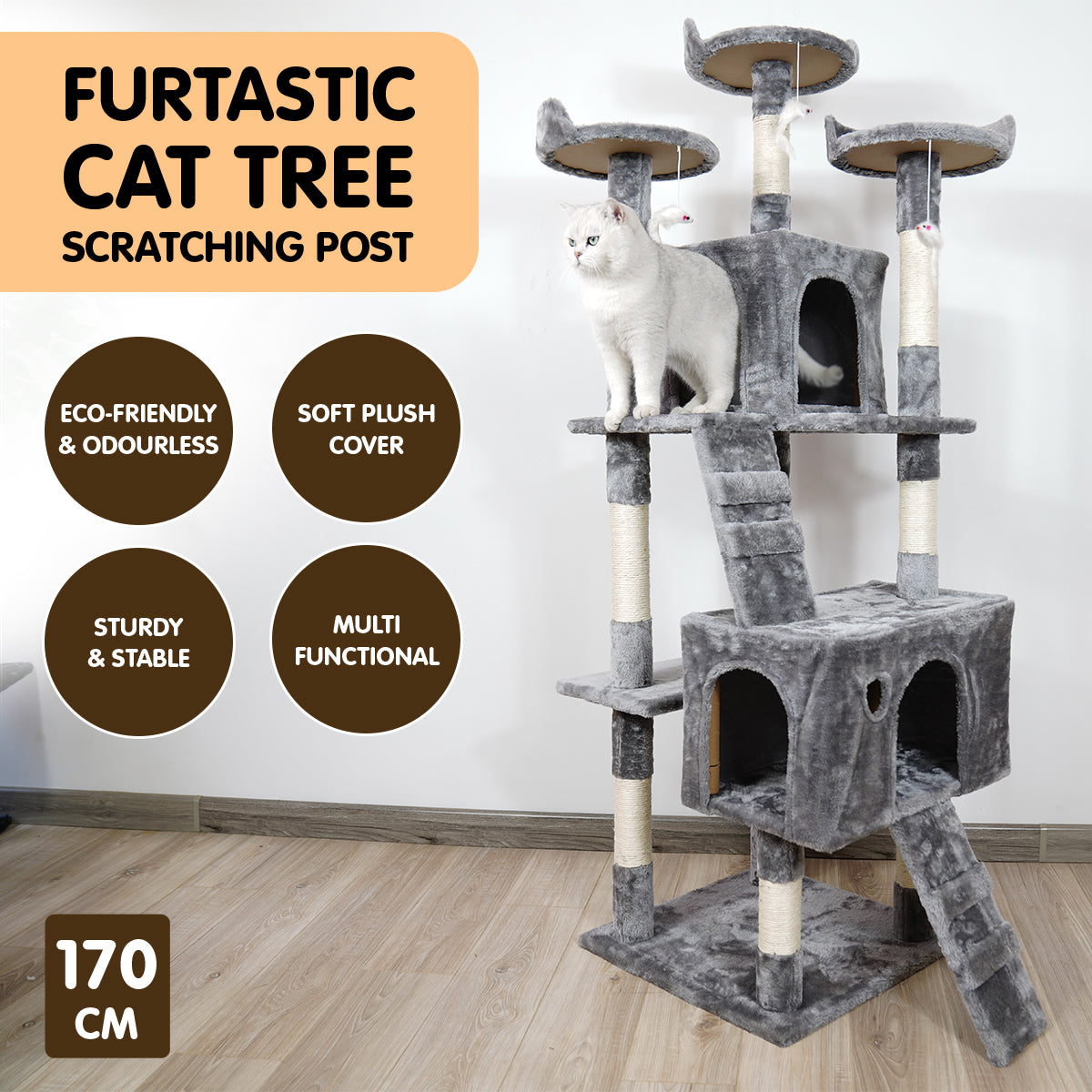 Furtastic 170cm Cat Tree Scratching Post | Elegant Silver Grey