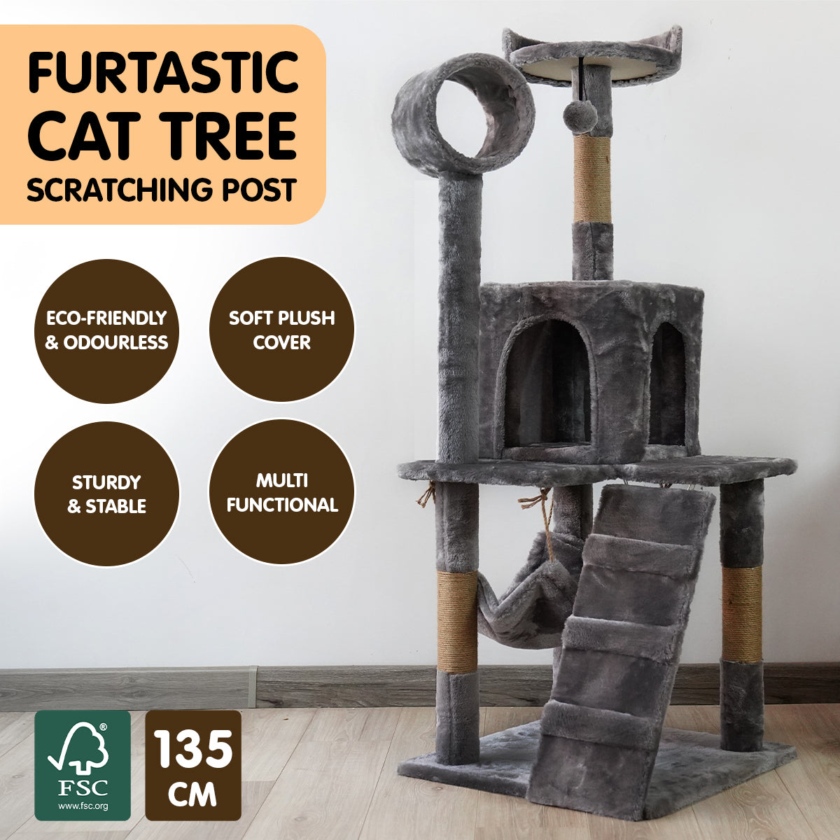 Furtastic 135cm Dark Grey Cat Tree Scratching Post