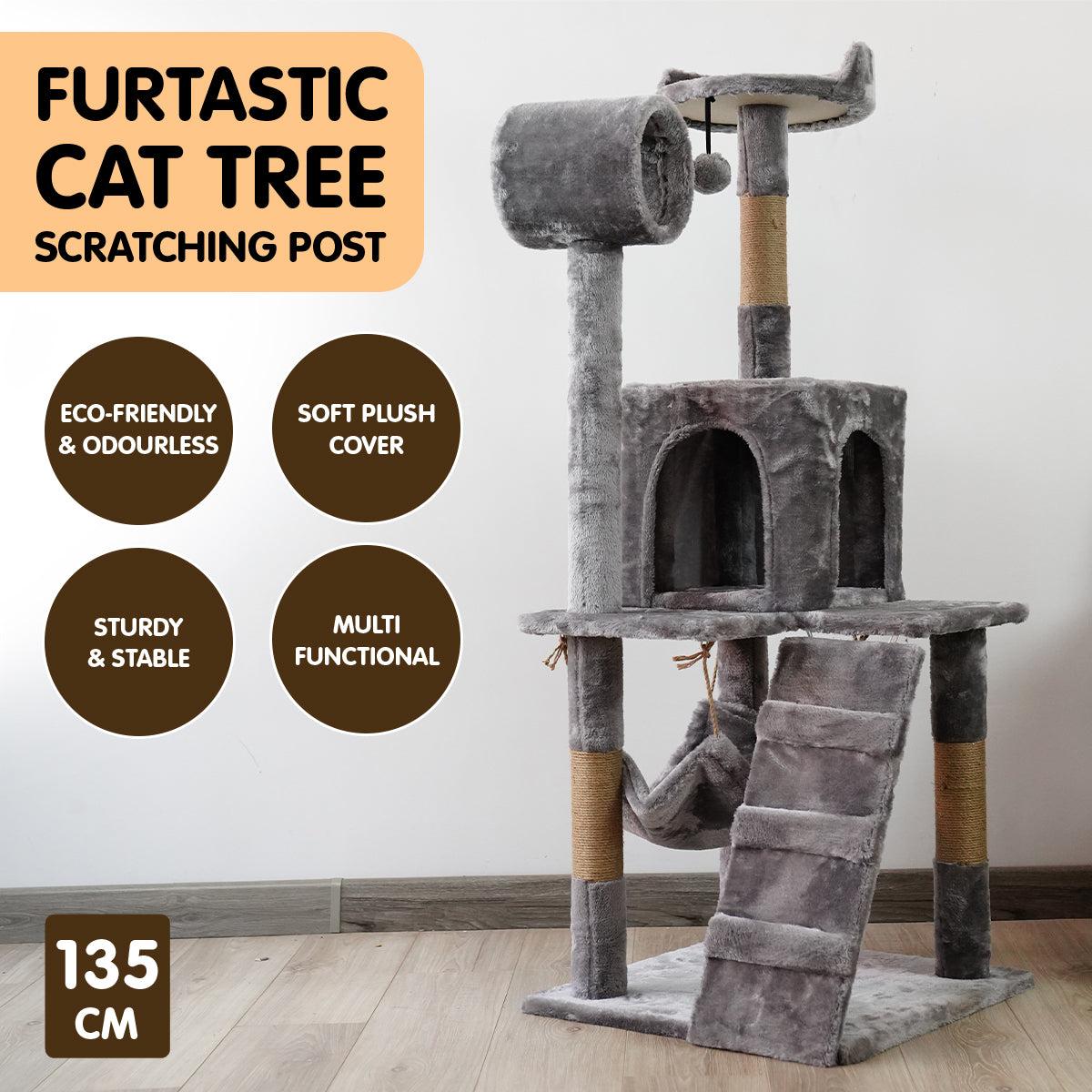 Furtastic 135cm Cat Tree Scratching Post | Sleek Silver Grey