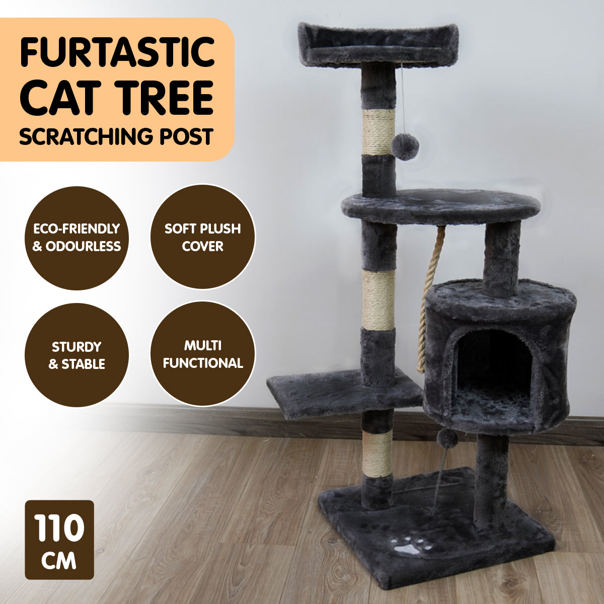110cm Furtastic Cat Tree Scratching Post - Dark Grey | Stylish Kitty Playground