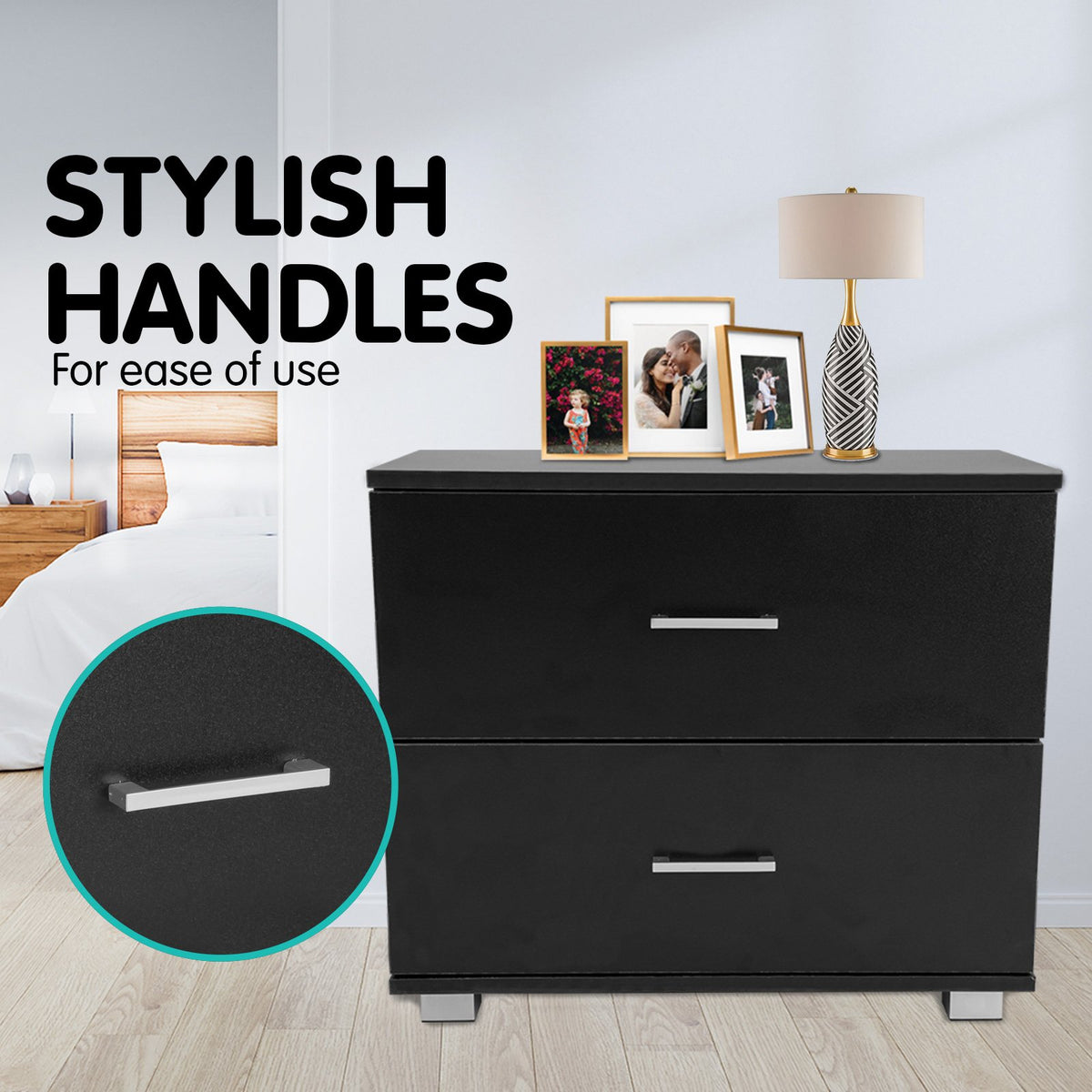 Sarantino Bedside Table Cabinet Storage Chest with 2 Drawers (Black)