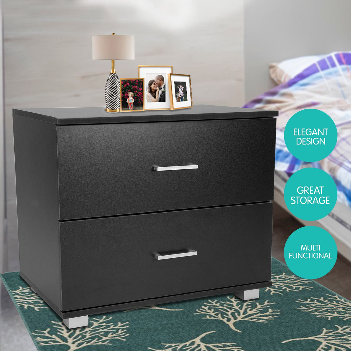 Sarantino Bedside Table Cabinet Storage Chest with 2 Drawers (Black)