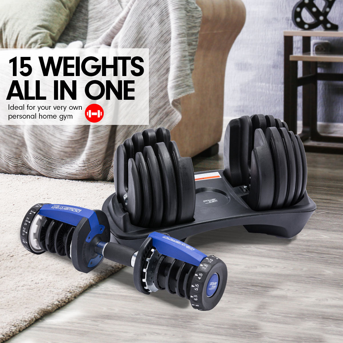 Powertrain 48KG Adjustable Dumbbell Set | Stand Blue